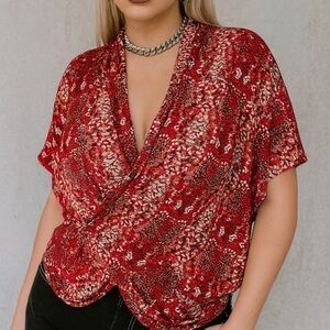 Marc By Marc Jacobs Red and Tan Short Sleeve Wrap Blouse Top Size w/Pickets M/L